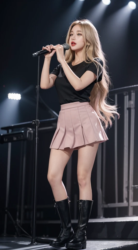 Girl with long wavy blonde hair and grey eyes , Big Lips、Pink Cheeks、very beautiful、A realistic version of a stunning body、Latin Face、whole body、Perfect Face、22 years old、Wearing a short skirt, Black top shirt and black long boots, She is singing at the concert. 