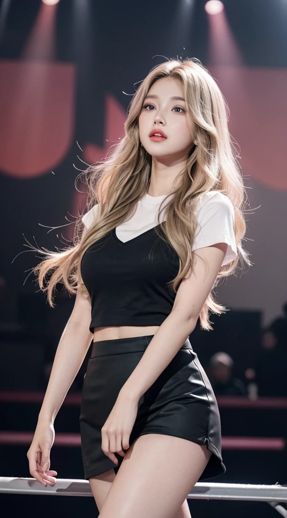 Girl with long wavy blonde hair and grey eyes , Big Lips、Pink Cheeks、very beautiful、A realistic version of a stunning body、Latin Face、whole body、Perfect Face、22 years old、Wearing a short skirt, Black top shirt and black long boots, She is singing at the concert. 