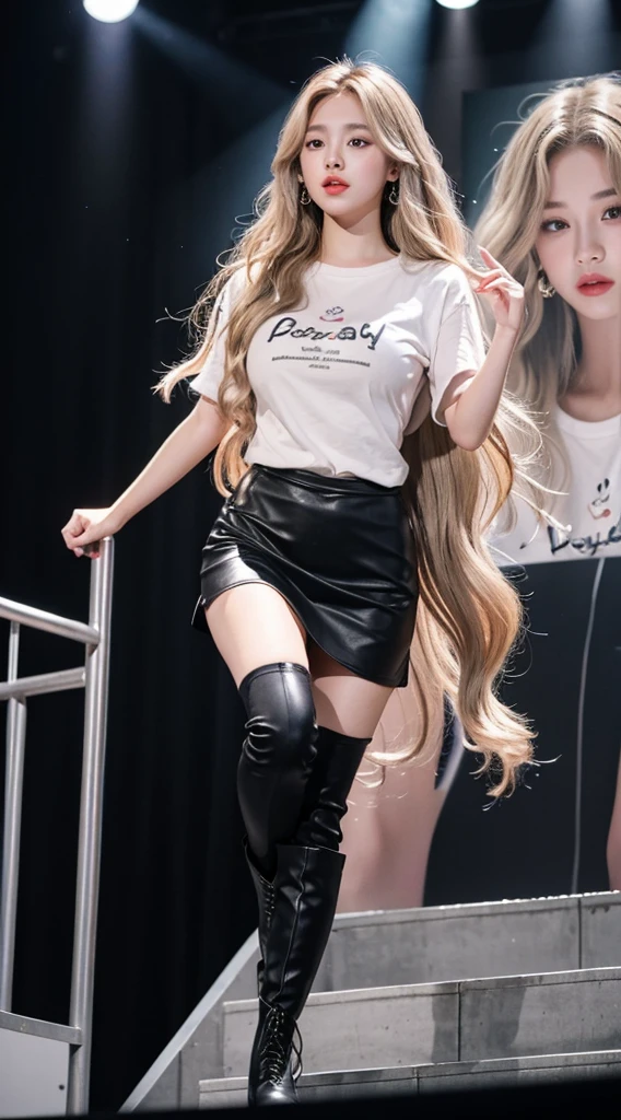 Girl with long wavy blonde hair and grey eyes , Big Lips、Pink Cheeks、very beautiful、A realistic version of a stunning body、Latin Face、whole body、Perfect Face、22 years old、Wearing a short skirt, Black top shirt and black long boots, She is singing at the concert. 