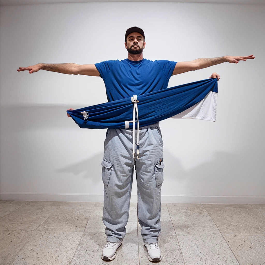 janitor standing at full height with his hands spread out to the sides on a white background