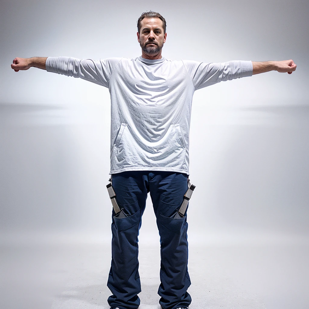 janitor standing at full height with his hands spread out to the sides on a white background