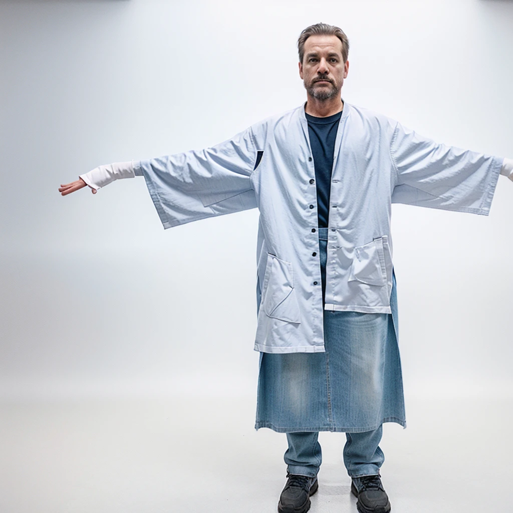 janitor standing at full height with his hands spread out to the sides on a white background