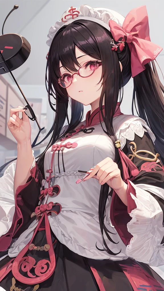 Bblack hair, ,((round glasses)) (pink eyes), ((white bows on the head)), imperial chinese hairstyle, gorgeous face, looking to the down, view from below, holding a brush in your hand