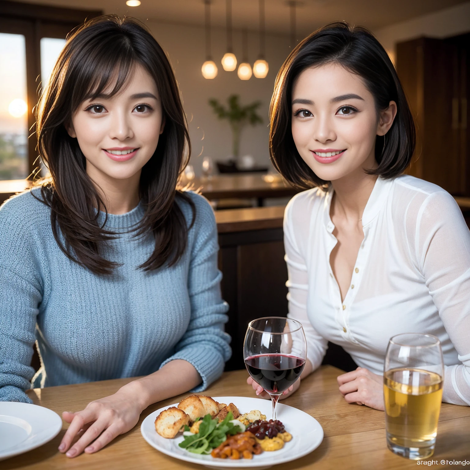 （Realistic:1.1）,(masterpiece,Highest quality)，8k,(38 years old), 42 years old, slimカップル、Model Couple、Actress/Actor、Tight waist,Upper Body,full-course dinner、wine 、Amazing view of the sunset sky and clouds、Perfect Anatomy, Brown Hair, Short Hair,Random Hairstyles,((Highly detailed face and eyes:1.2))(cute顔:1.4)，Beautiful actress face，Perfect golden ratio face，Long sleeve shirt、dress,(smile:1.2)、Shortcuts、cute、(Realistic, Intricate details:1.2), A bright smile、short hair,Bright Face、赤wine 、Appetizers、Italian food、wine bottle、Champagne、スパークリングwine、(slimな顔), (The body is slim), (Brown Hair), (Shortcuts),  Upper Body, 白wine, slim, wineグラス, 