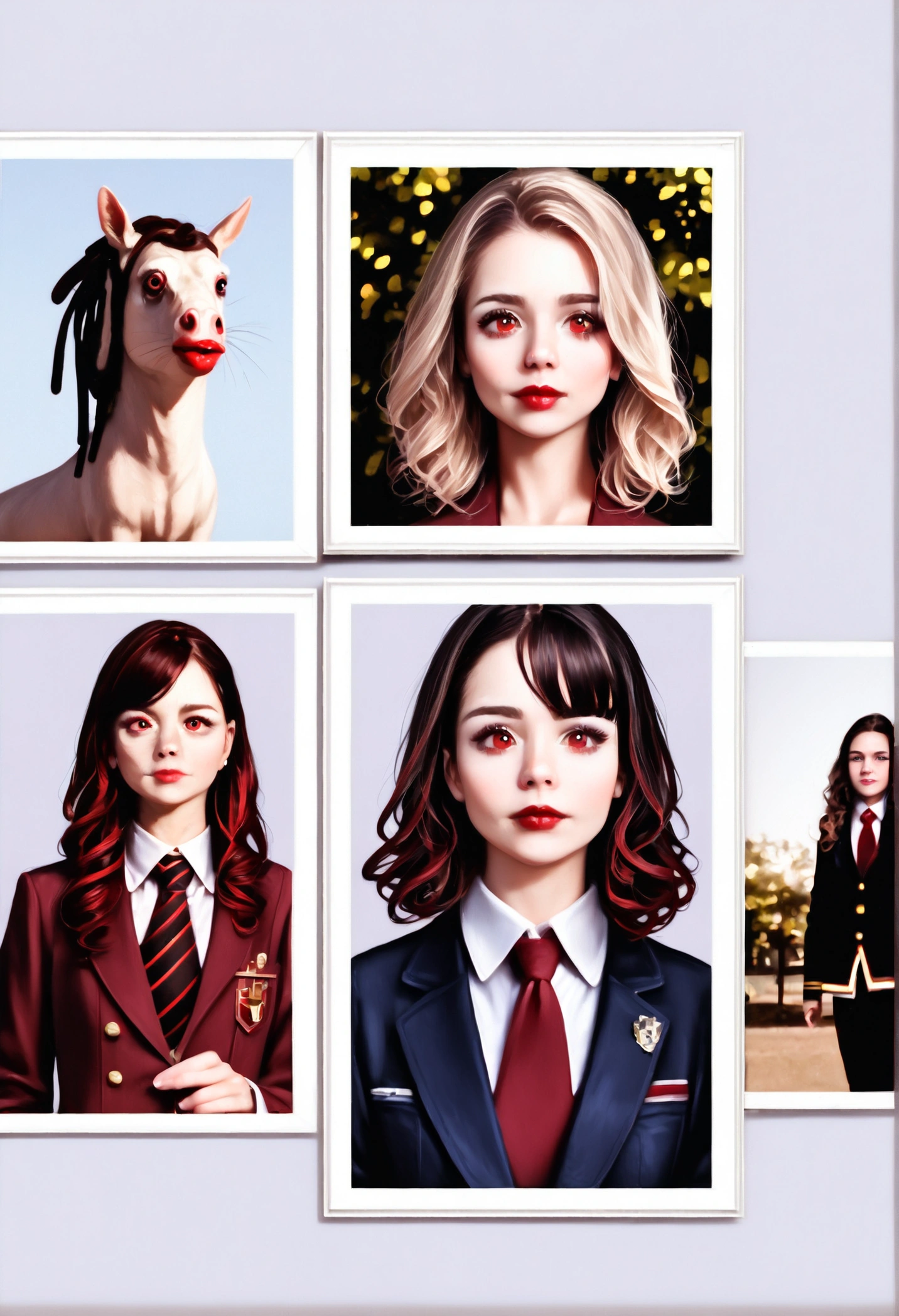 a beautiful female pony with bright red eyes, pure white body, wearing a student uniform, detailed makeup including eye shadow and lipstick, seductive and alluring expression, (best quality,4k,8k,highres,masterpiece:1.2),ultra-detailed,(realistic,photorealistic,photo-realistic:1.37),intricate details,incredibly lifelike,dynamic composition,cinematic lighting,highly saturated colors,dramatic chiaroscuro,surreal fantasy,magical realism