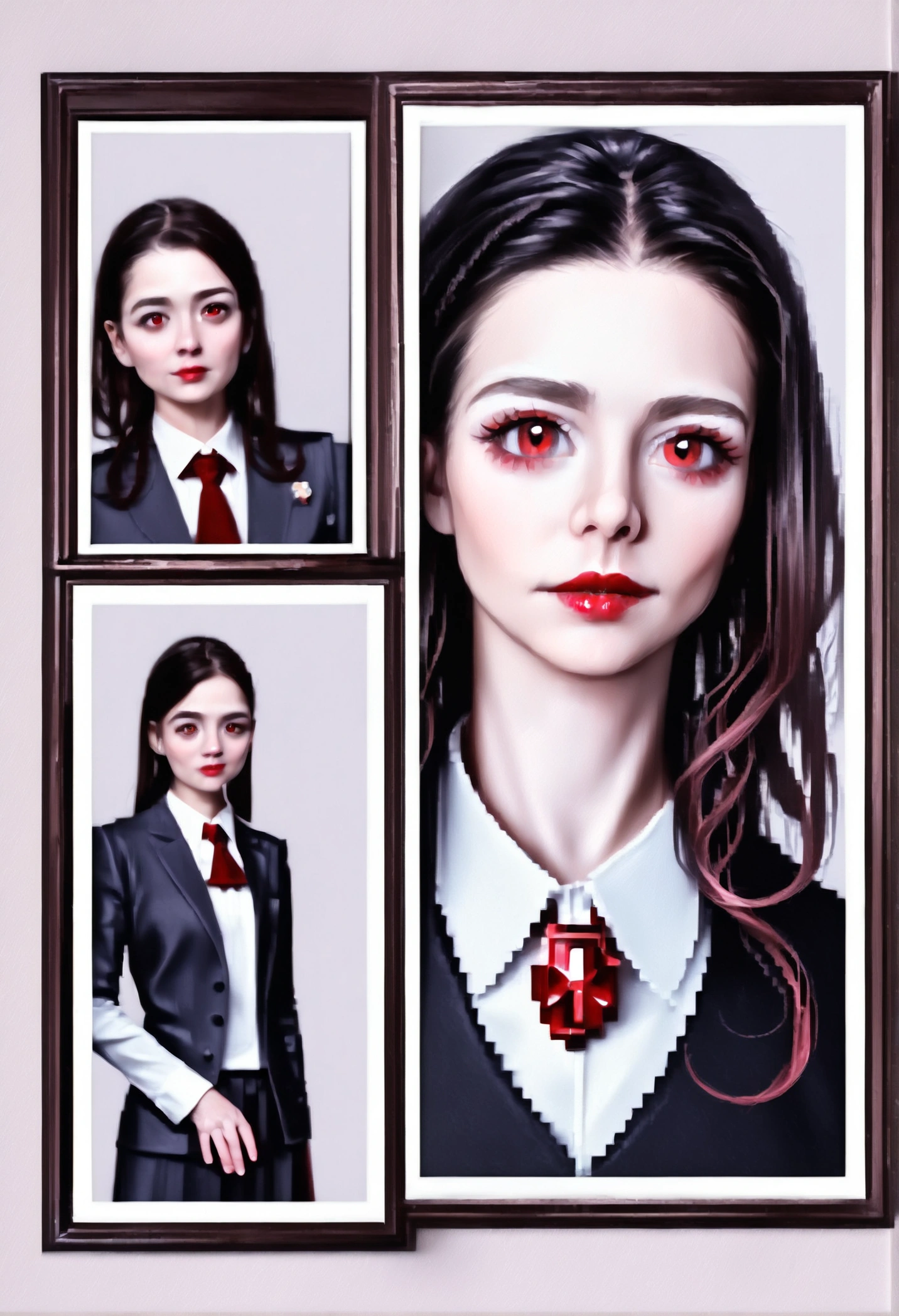 a beautiful female pony with bright red eyes, pure white body, wearing a student uniform, detailed makeup including eye shadow and lipstick, seductive and alluring expression, (best quality,4k,8k,highres,masterpiece:1.2),ultra-detailed,(realistic,photorealistic,photo-realistic:1.37),intricate details,incredibly lifelike,dynamic composition,cinematic lighting,highly saturated colors,dramatic chiaroscuro,surreal fantasy,magical realism