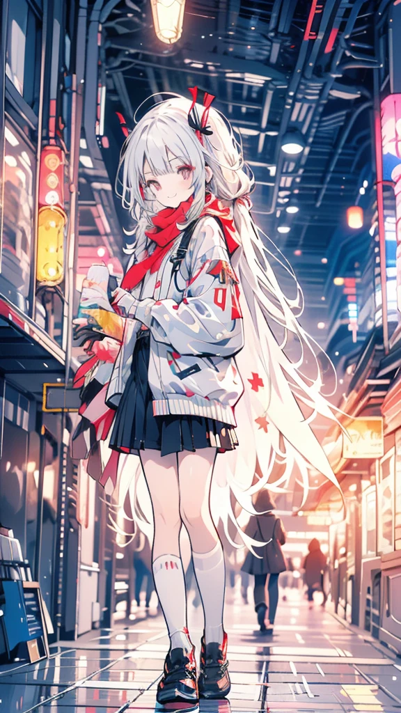 White hair, girl, twin tails, red ribbon, night, uniform, scarf, red eyes, cute, big smile, moon, back alley, cigarette, cigarette, cigarette