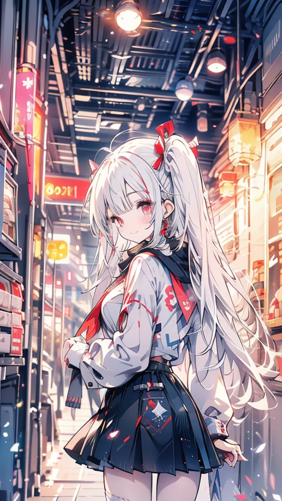 White hair, girl, twin tails, red ribbon, night, uniform, scarf, red eyes, cute, big smile, moon, back alley, cigarette, cigarette, cigarette