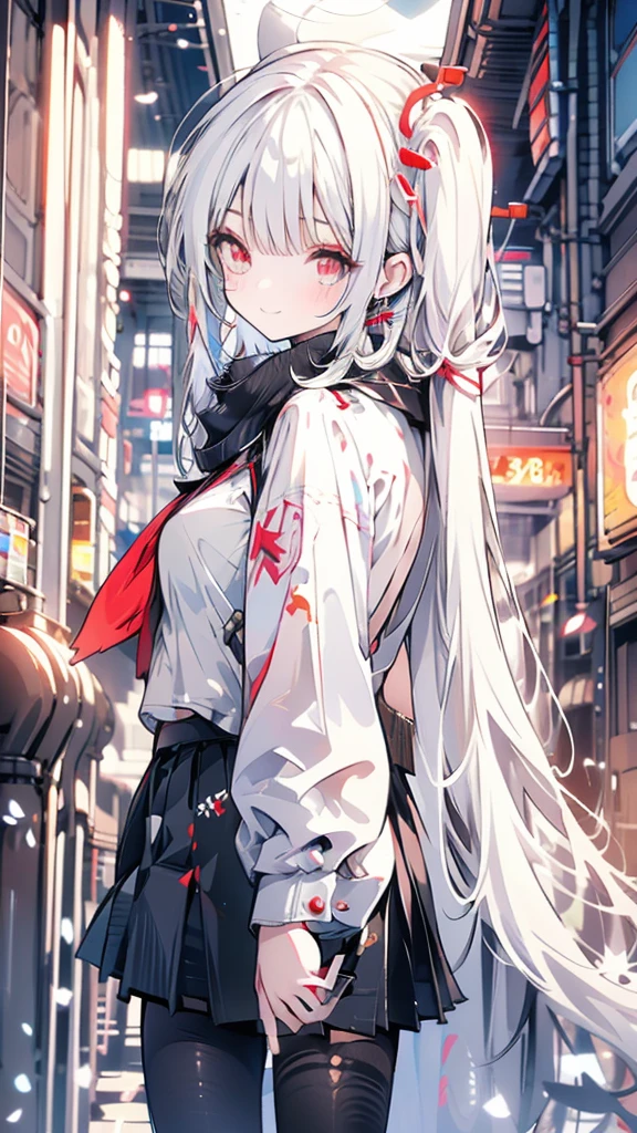White hair, girl, twin tails, red ribbon, night, uniform, scarf, red eyes, cute, big smile, moon, back alley, cigarette, cigarette, cigarette