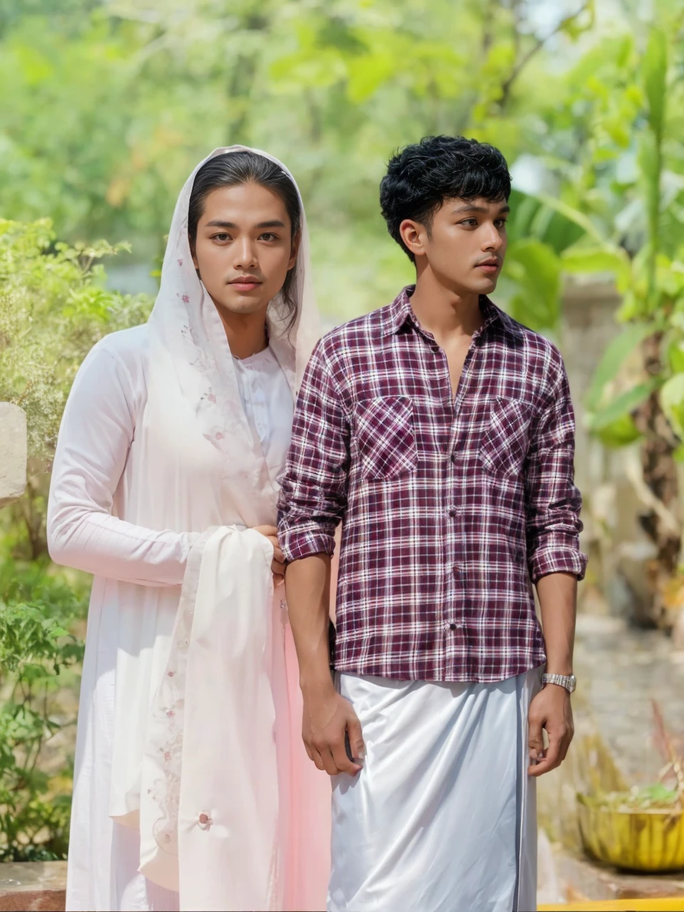 (masutepiece), (Best Quality), Realistic, Photorealism, romantic couple, malay men 30 years old in muslim cloth, young malay girl in hijab wearing beautiful muslimah cloth 20 - 23 years old. malay men with beautiful girl with beautiful perfect body, huge breast, romantic. location: beautiful tropical river, professional photography, bright lighting, 28mm lens, Establishing shot, deep focus cinematography effect, Natural Lighting, pastel color grading, high quality, ultra detail, 8k resolution,