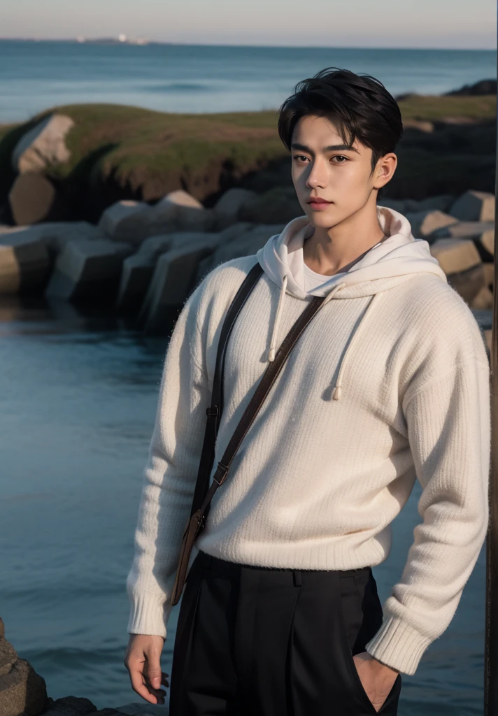 handsome male,big muscle,crew cut,soft light dark academia,outfits,winter,seaside