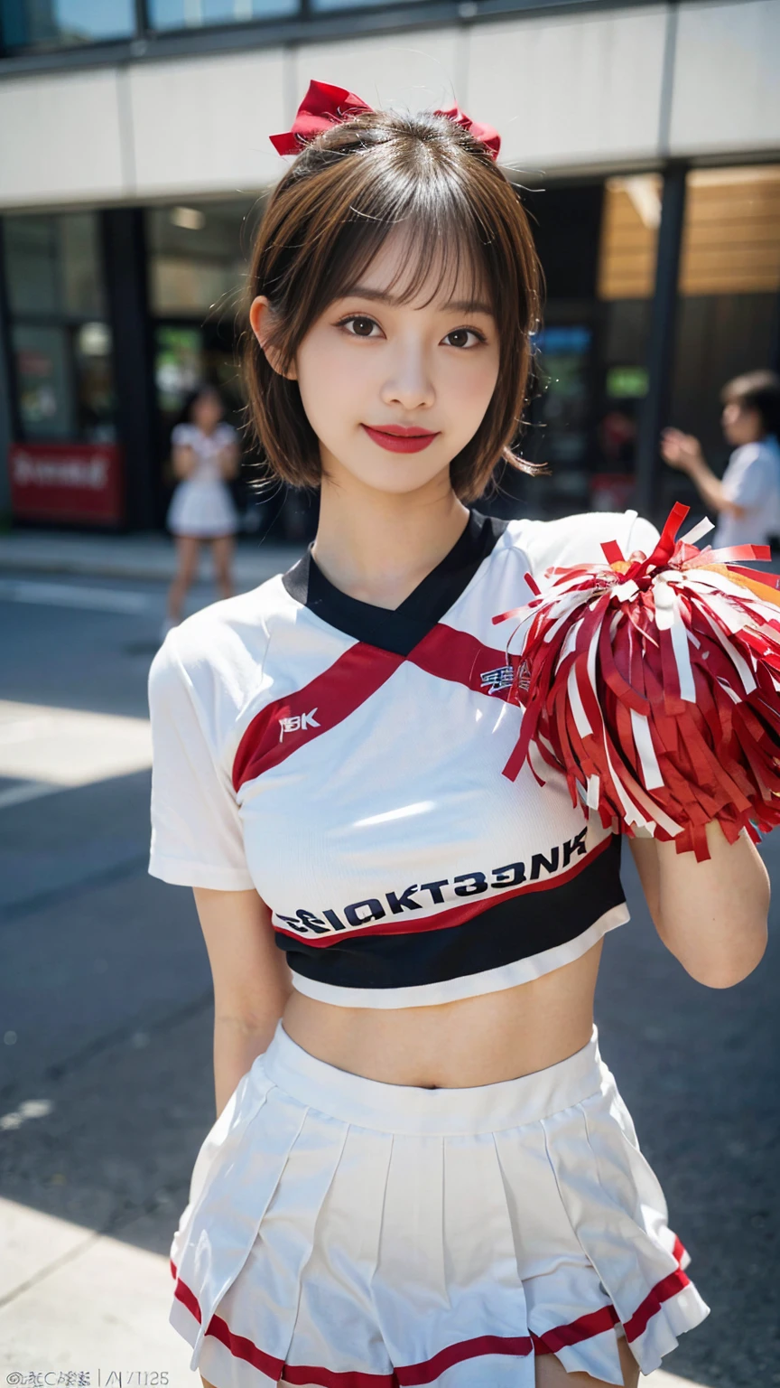 (8k, RAW Photos, Highest quality, masterpiece:1.2), Super detailed, 超High resolution, High resolution,(Realistic, photo Realistic:1.4),Depth of written boundary, Realistic shadow, Caustics, Natural Shading, Photon Mapping, Fine-grained, Perfectly focused,
break
cinematic lighting, Soft lighting, High resolution, Sigma 24mm F/2.8, ISO400, 1/125 second shutter,Very delicate and beautiful, Very detailed, 8k wallpaper, wonderful, In detail, Large file size, Very detailed CG, unity 8k wallpaper, Official Art, Perfect artwork, Production art,
break
((Beautiful attention to detail, Natural color lip, Soft white skin that shines in every detail, 18-year-old)), 1 girl, alone, blush, Ample breasts,
break
short hair, Pink Hair, fluffy bob cut,
break
eyebrows visible through hair, Open your mouth, smile,
break
(Cheerleader:1.3), mini skirt, Red Bow,
break
looking at viewer,
break
jumping