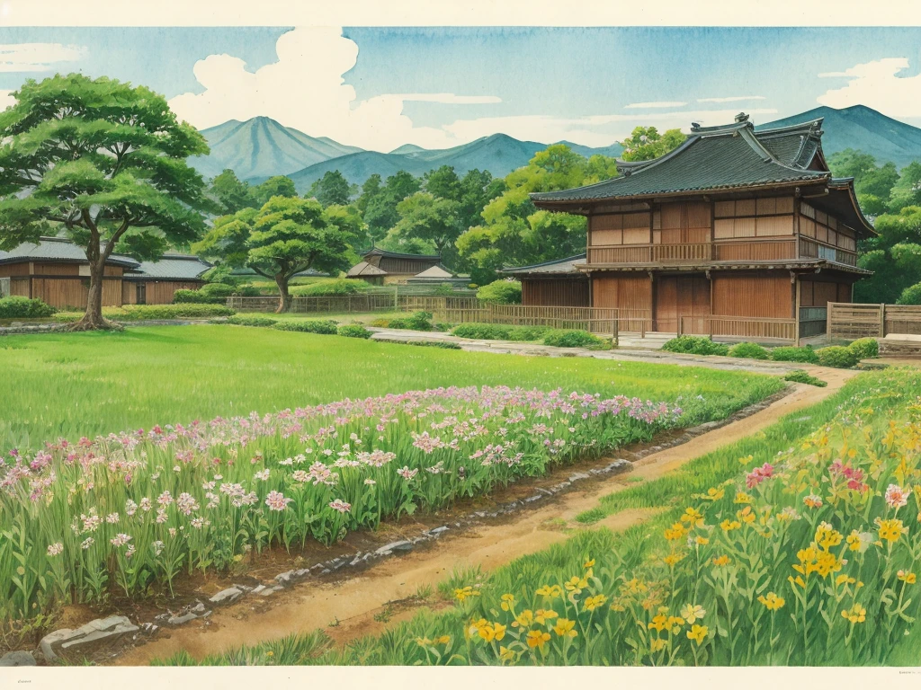 At a farmhouse in the Sengoku period of Japan、Discovering a plant sprouting in the field、
The illustration of an elementary school student peering at a sprouted plant is done in watercolors.、Faded Japanese paper