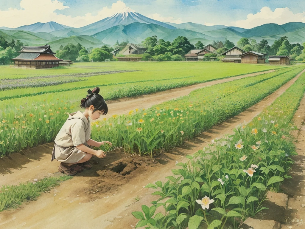 At a farmhouse in the Sengoku period of Japan、Discovering a plant sprouting in the field、
The illustration of an  peering at a sprouted plant is done in watercolors.、Faded Japanese paper