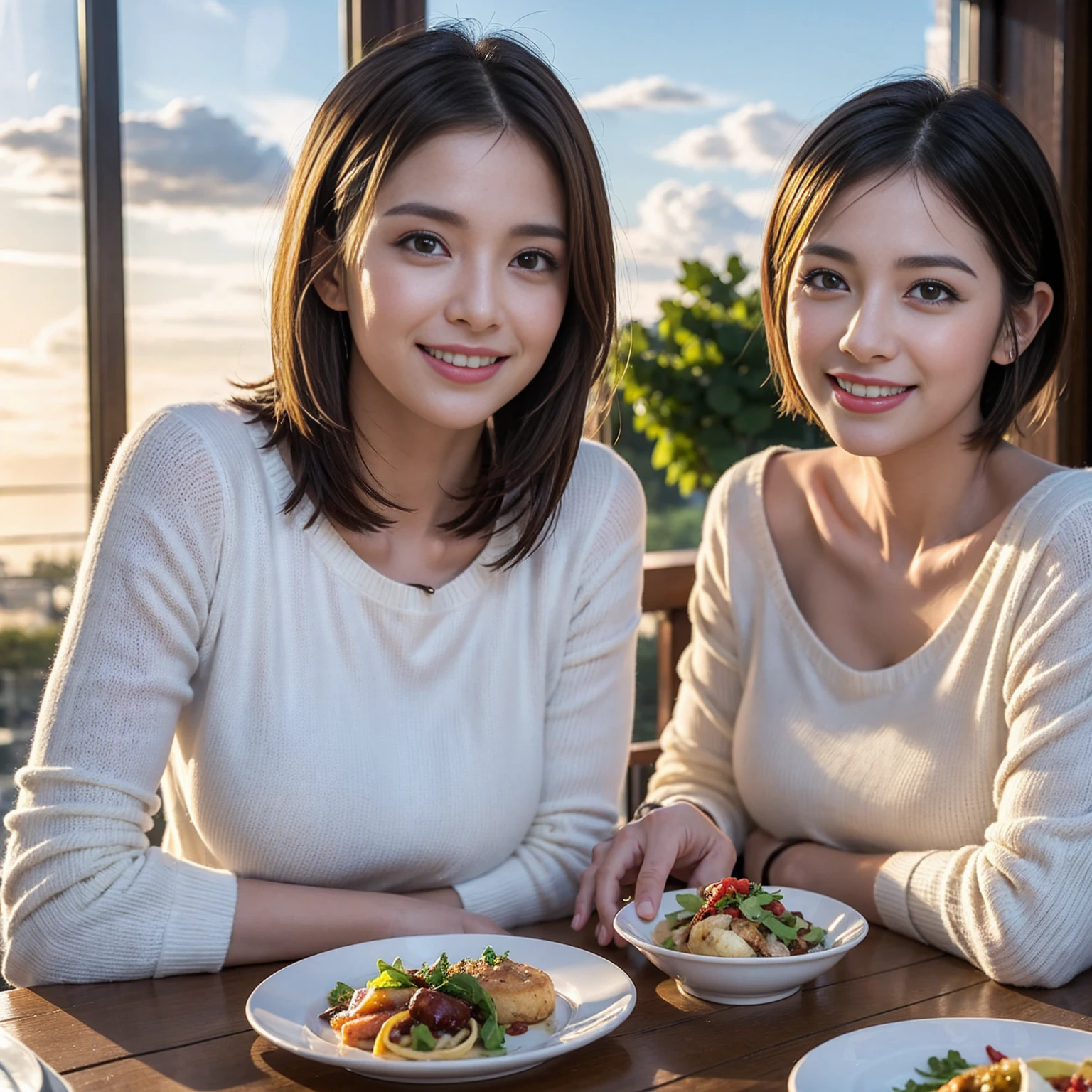 (Realistic:1.1),(masterpiece,Highest quality),8k,(38 years old), 42 years old, slimカップル、Model Couple、Actress/Actor、Tight waist,Upper Body,full-course dinner、wine 、Amazing view of the sunset sky and clouds、Perfect Anatomy, Brown Hair, Short Hair,Random Hairstyles,((Highly detailed face and eyes:1.2))(cute顔:1.4),Beautiful actress face,Perfect golden ratio face,Long sleeve shirt、dress,(smile:1.2)、Shortcuts、cute、(Realistic, Intricate details:1.2), A bright smile、short hair,Bright Face、赤wine 、Appetizers、Italian food、wine bottle、Champagne、スパークリングwine、(slimな顔), (The body is slim), (Brown Hair), (Shortcuts), Upper Body, 白wine, slim, wineグラス,