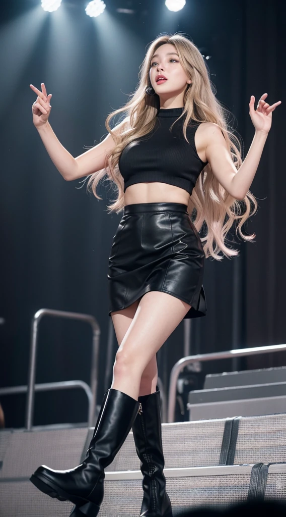 Girl with long wavy blonde hair and grey eyes , Big Lips、Pink Cheeks、very beautiful、A realistic version of a stunning body、Latin Face、whole body、Perfect Face、22 years old、Wearing a short skirt, Black top shirt and black long boots, She is singing at the concert. 
