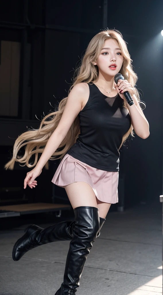 Girl with long wavy blonde hair and grey eyes , Big Lips、Pink Cheeks、very beautiful、A realistic version of a stunning body、Latin Face、whole body、Perfect Face、22 years old、Wearing a short skirt, Black top shirt and black long boots, She is singing at the concert.