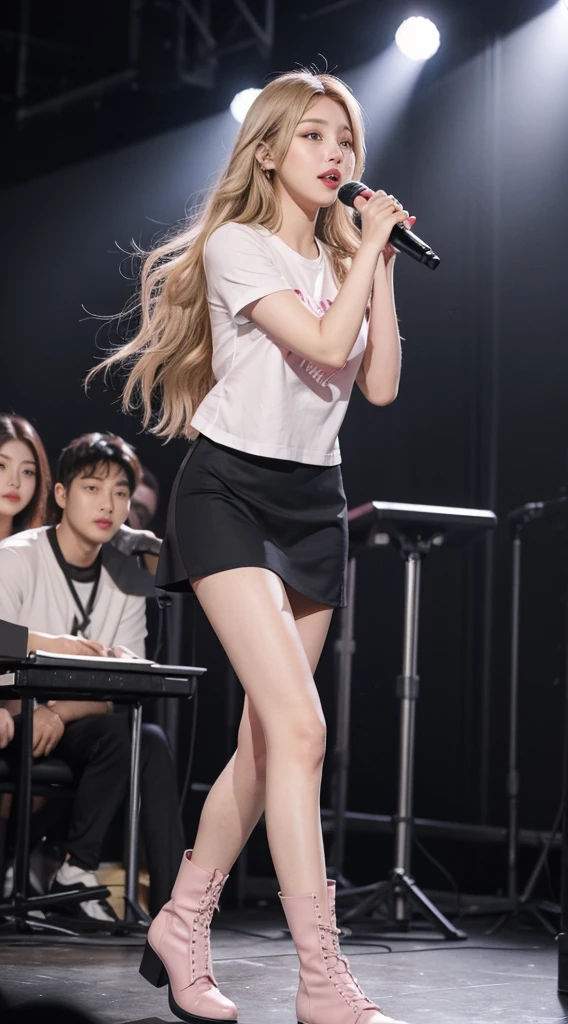 Girl with long wavy blonde hair and grey eyes , Big Lips、Pink Cheeks、very beautiful、A realistic version of a stunning body、Latin Face、whole body、Perfect Face、22 years old、Wearing a short skirt, Black top shirt and black long boots, She is singing at the concert. 