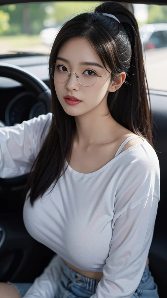 ((huge breasts 아래)), (Straight shoulder-length hair: 1.2), black hair,short ponytail，upper body, （very detailed CG 8k 벽지），（Incredibly stylish and beautiful.），（masterpiece），（best quality：1.0），（초high resolution：1.0），A beautiful light came in，Perfect 번개，Realistic Shading，[high resolution]，smooth, Perfect, fair skin，Very exquisite facial details，（Perfect 몸：1.1），very detailed，Beautiful girl，small head，(huge breasts:1.1)，attractive collarbone，Towering box，divided，chubby body type，big ass，thick thighs，thick arms，laugh，jollity，（white collar long sleeve shirt:1.1），（blue shorts：1.1），white sneakers，summer，morning，Sitting in a spacious private car，Female drivers，chest of steering wheel，Driving a car，wearing glasses, expect，enlargement，
