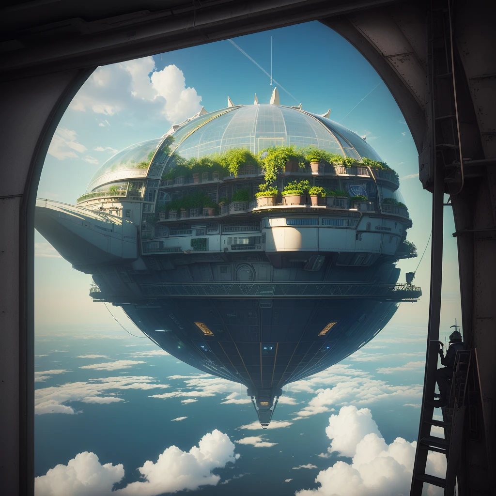 In a spaceship above the city, a farmer is planting vegetable seedlings in a greenhouse., 3 d render,Surrealism,, daily art, The background is over the city, In the skyship, masterpiece, of High Altitude Travel