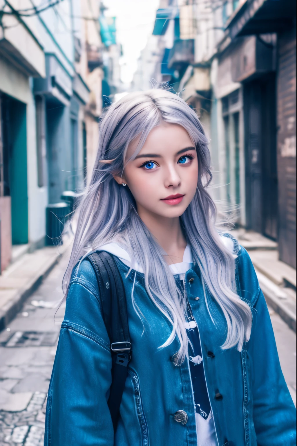 (4K), (Highest quality), (Best details), (Realistic)、Cloudy、A beautiful poor girl wandering the streets of a poor backstreet、Dirty outfit、Frugal makeup、Silver Hair、Blue Eyes、Tragic