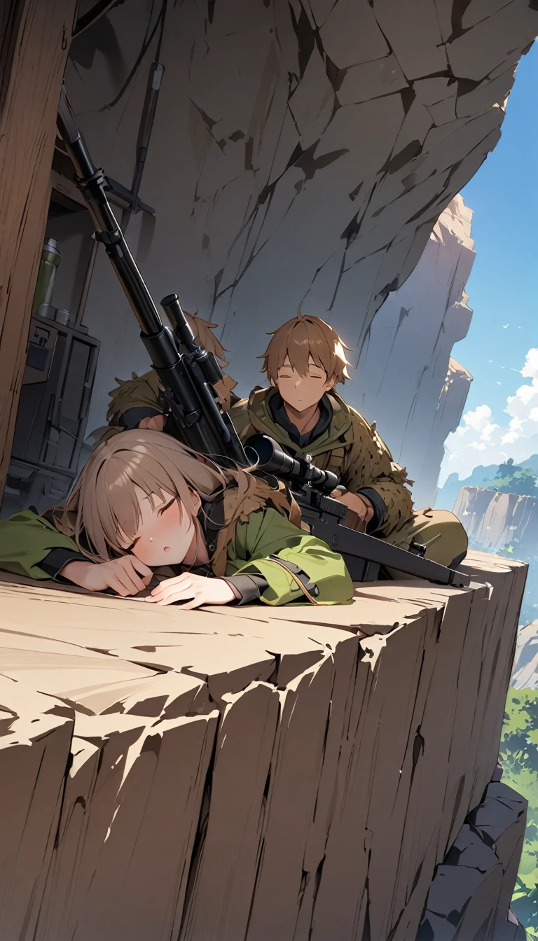 Highest quality、masterpiece、((Highly detailed CG integrated 8K wallpaper)),On top of a small cliff、(((One man and one woman:1.37)))、(((Male spotter、Female Sniper)))、Two-man Cell:1.2、Sniper and Spotter:1.2、(((Spotter observing、Sniper taking a nap)))、Ghillie Suit、
