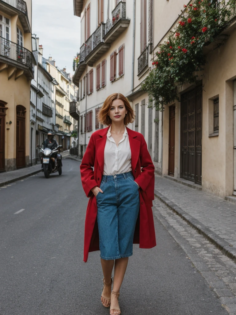 Emily Richardson, 1girl, solo, (((consistent face and image))), ((20 years old)), realistic, photorealistic, (red cranky hair), short hair, (((Caucasian mature woman))), (Swiss woman), (Swiss nose), (Swiss thick lips), posing outside the Iconic landmark, perfect for classic Parisian backgrounds, upper body and upper legs, smirking, standing, wearing In style in trend Generation-Z modern wear different colored,