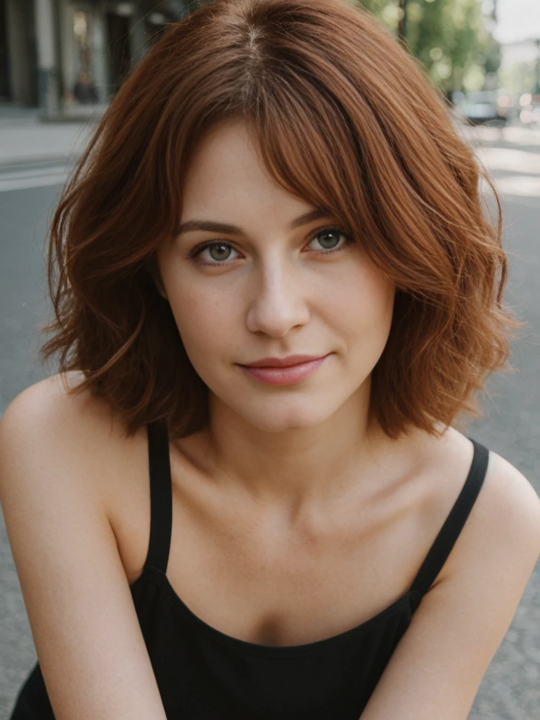Emily Richardson, 1girl, solo, (((consistent face and image))), ((20 years old)), realistic, photorealistic, (red cranky hair), short hair, (((Caucasian mature woman))), (Swiss woman), (Swiss nose), (Swiss thick lips), posing outside the Iconic landmark, perfect for classic Parisian backgrounds, upper body and upper legs, smirking, standing, wearing In style in trend Generation-Z modern wear different colored,
