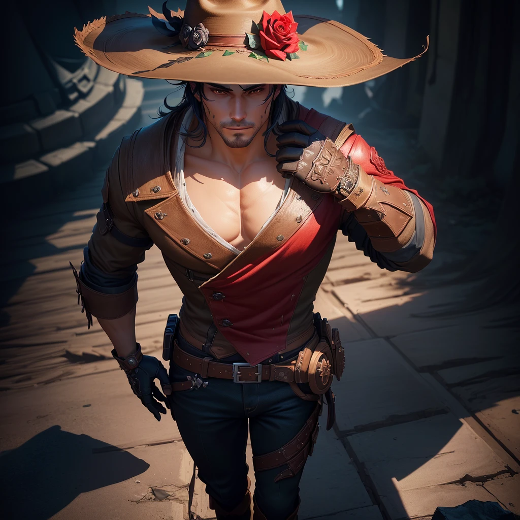Cowboy wearing hat and mittens and red gloves, There is a rose on the hat,There are two roses on the shoulders and chest,Stylized characters design, very Stylized characters design, very detailed character, Stylized characters, Super detailed fantasy characters, game character, game character design, Full body portrait, videogame character, Unrealistic character concept, video game character concept, 3D rendering style, Male Characters, Full body portrait, masterpiece, best quality, (Extremely detailed CG unity 8k wallpaper), (best quality), (Best Illustration), (Best shadow), absurd, Realistic lighting, (abyss), Beautiful and delicate light, Artworks by Peter Mohr Bacher,