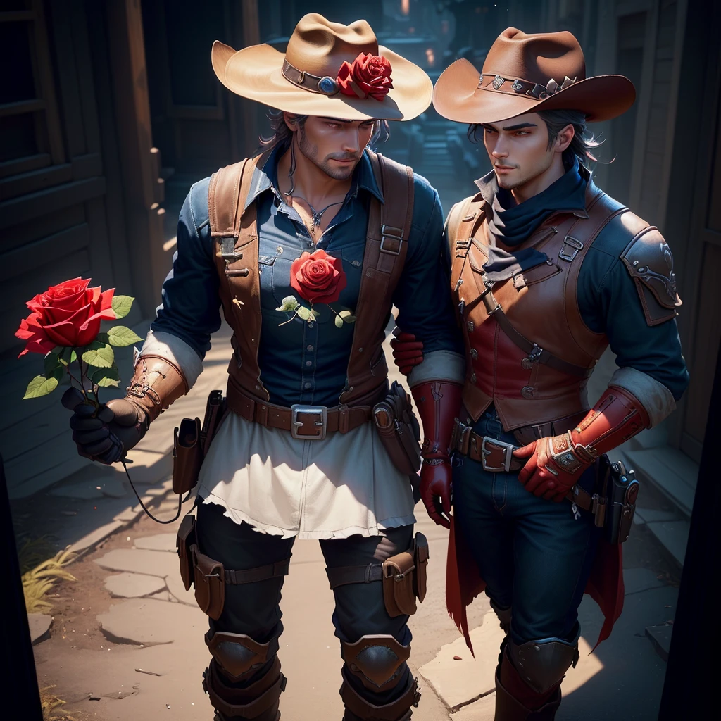 Cowboy wearing hat and mittens and red gloves, There is a rose on the hat,There are two roses on the shoulders and chest,Stylized characters design, very Stylized characters design, very detailed character, Stylized characters, Super detailed fantasy characters, game character, game character design, Full body portrait, videogame character, Unrealistic character concept, video game character concept, 3D rendering style, Male Characters, Full body portrait, masterpiece, best quality, (Extremely detailed CG unity 8k wallpaper), (best quality), (Best Illustration), (Best shadow), absurd, Realistic lighting, (abyss), Beautiful and delicate light, Artworks by Peter Mohr Bacher,