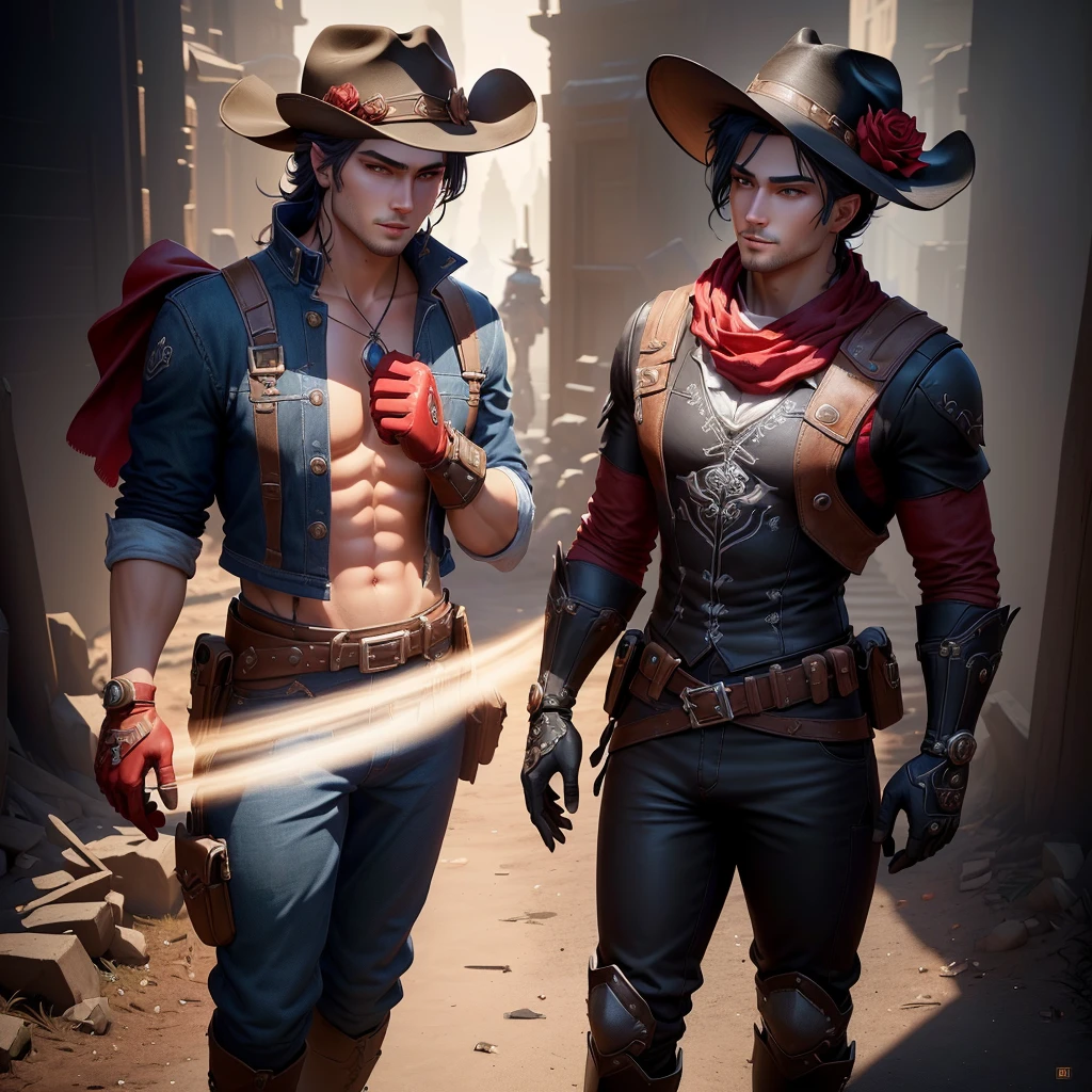 Cowboy wearing hat and mittens and red gloves, There is a rose on the hat,There are two roses on the shoulders and chest,Stylized characters design, very Stylized characters design, very detailed character, Stylized characters, Super detailed fantasy characters, game character, game character design, Full body portrait, videogame character, Unrealistic character concept, video game character concept, 3D rendering style, Male Characters, Full body portrait, masterpiece, best quality, (Extremely detailed CG unity 8k wallpaper), (best quality), (Best Illustration), (Best shadow), absurd, Realistic lighting, (abyss), Beautiful and delicate light, Artworks by Peter Mohr Bacher,