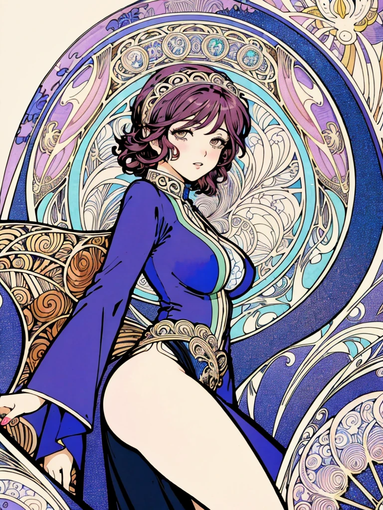 ((Detailed face)),((Mucha's style)),(portrait),huge breasts, Raised ,The look of ecstasy,purple pink hair,side ponytail,(arms behind back:1.2),((be downcast))((Medieval fantasy Female knight )),Wearing Basic coloured clothes,(cowboy shot:1.2)