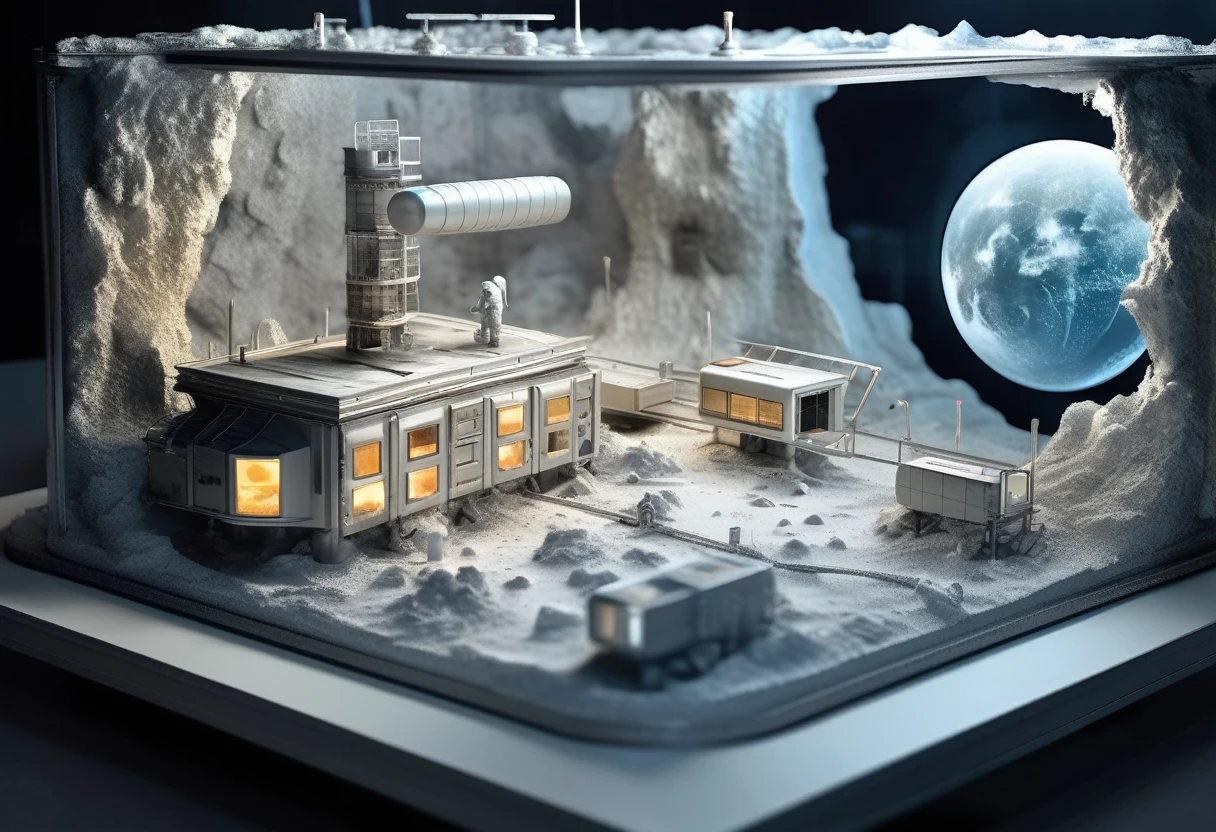 Artist's rendering of a lunar space station miniature model, detailed matte painting, inspired by CG Association competition winner Filip Hodas, sophisticated Miniature toy model, industrial futuristic ice mine, futuristic military base interior, 8k rendering, high photorealism Miniature model,