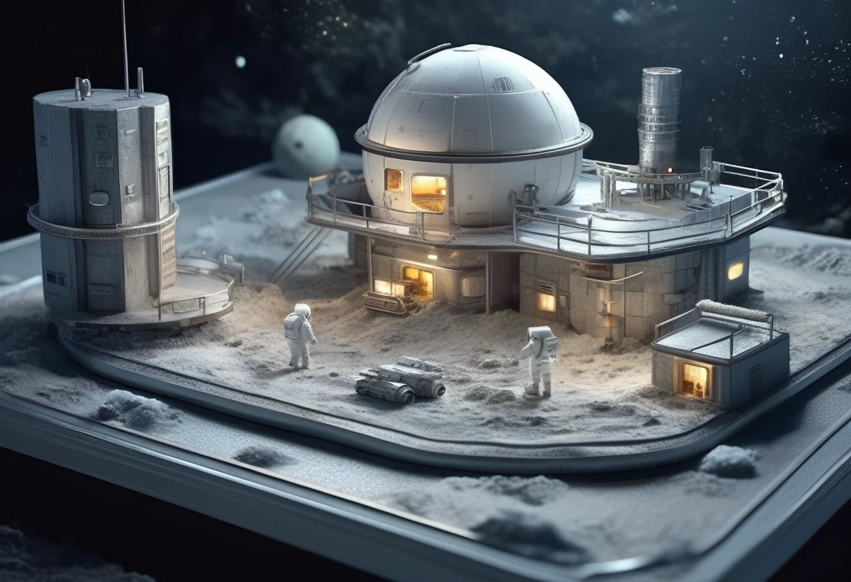 Artist's rendering of a lunar space station miniature model, detailed matte painting, inspired by CG Association competition winner Filip Hodas, sophisticated Miniature toy model, industrial futuristic ice mine, futuristic military base interior, 8k rendering, high photorealism Miniature model,