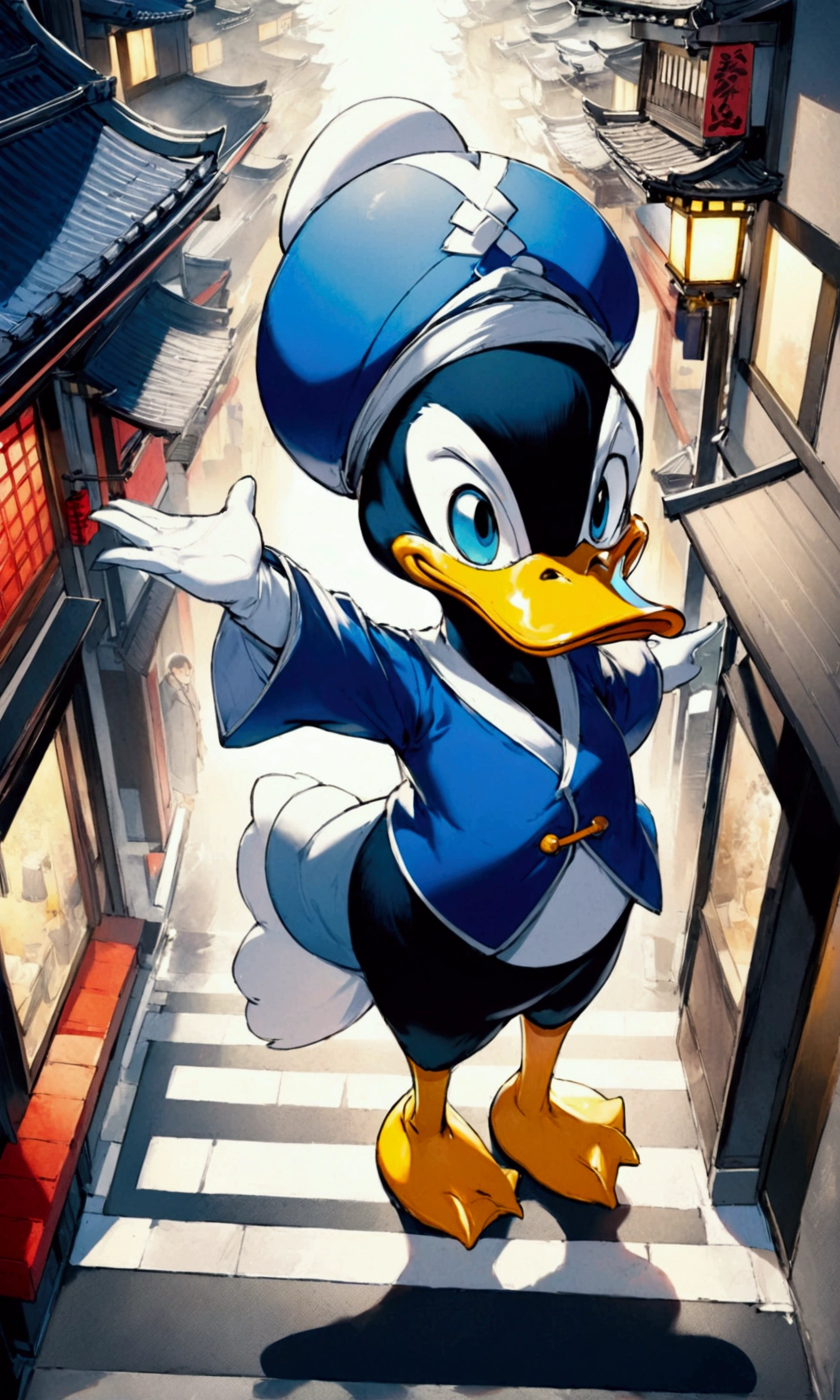 8K, masterpiece, ultra-high definition, full-body image, high contrast, diagonal angle from above, dark Donald Duck, flashy effects, background is a street corner in Asakusa, Chinese ink painting style