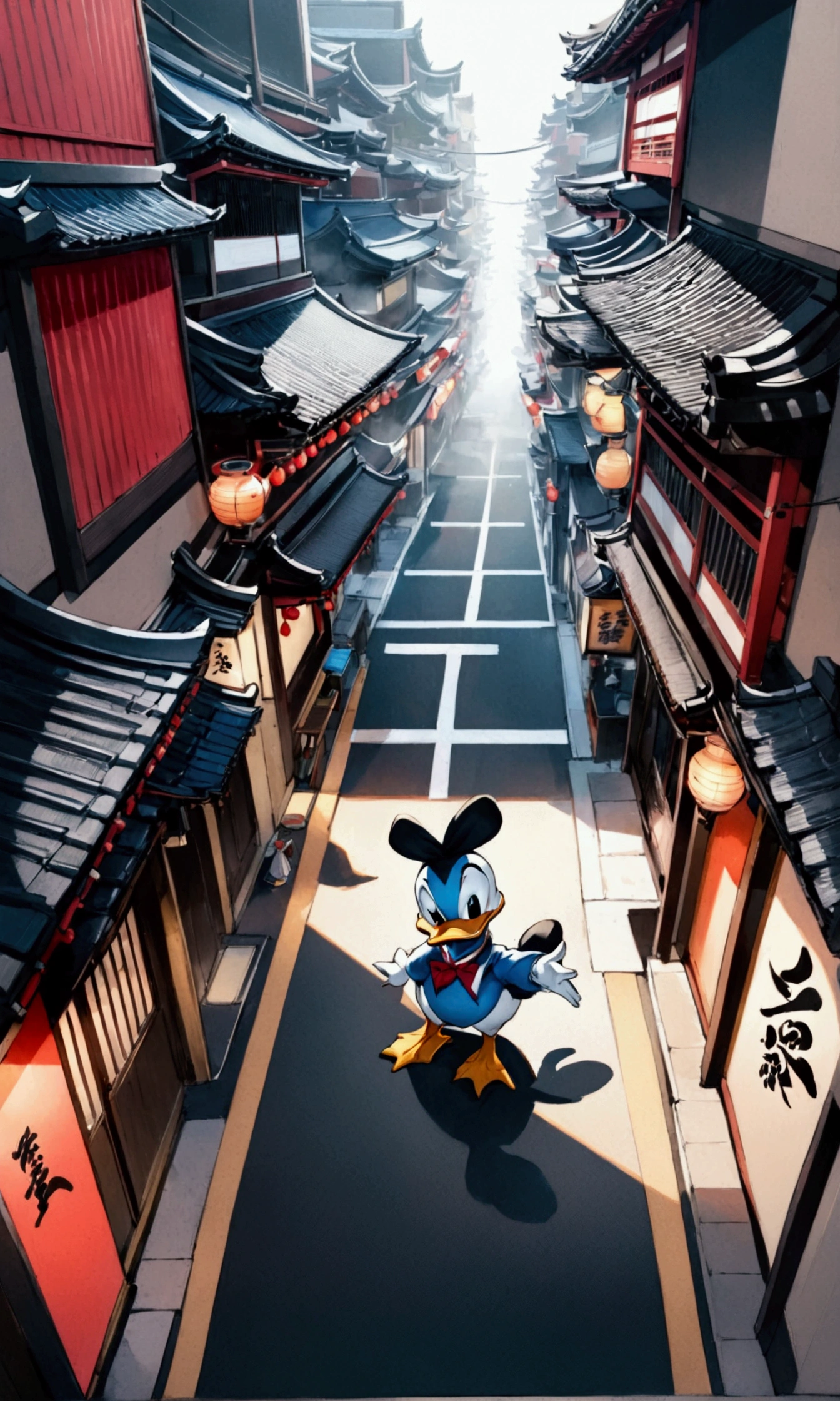 8K, masterpiece, ultra-high definition, full-body image, high contrast, diagonal angle from above, dark Donald Duck, flashy effects, background is a street corner in Asakusa, Chinese ink painting style