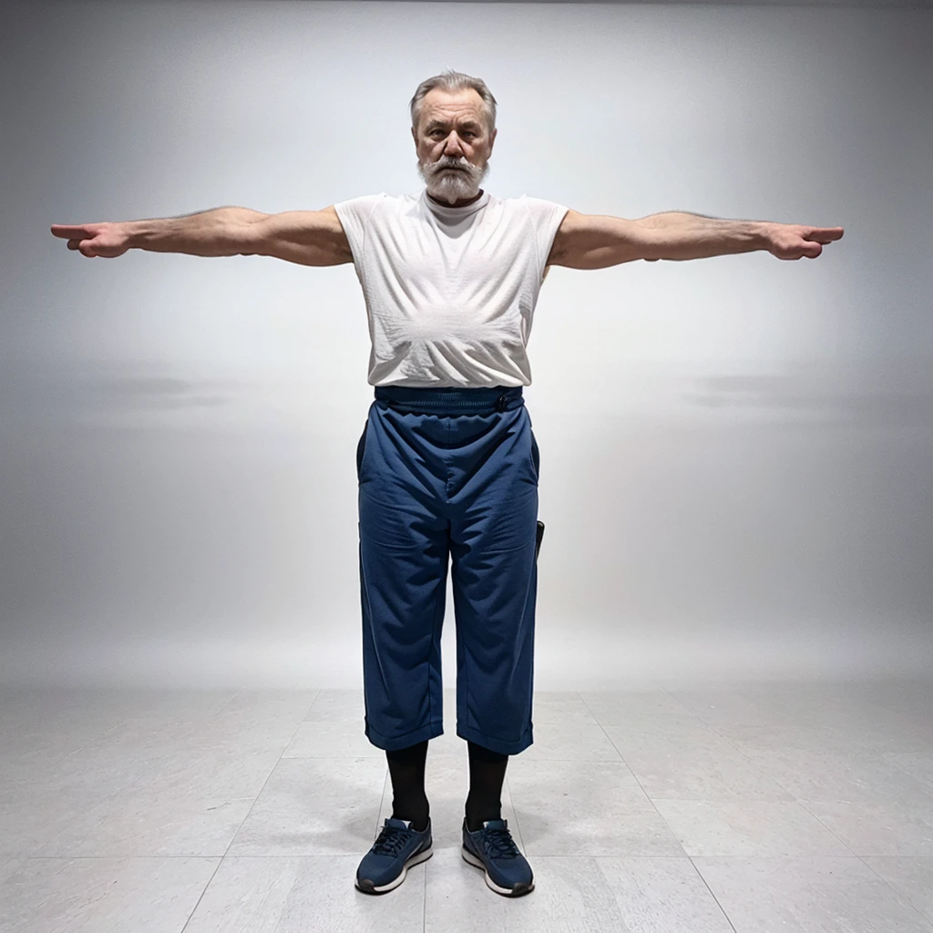 Old Russian janitor standing at full height with his arms spread out to the sides on a white background