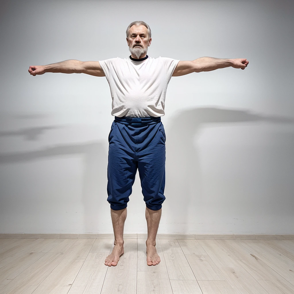 Old Russian janitor standing at full height with his arms spread out to the sides on a white background