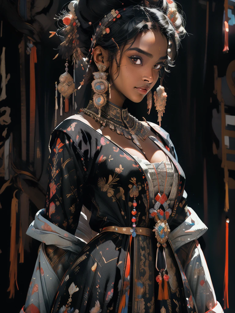A beautiful ebony woman in regal dress looking over her shoulder, ebony skin, tanned skin, solo, (best quality, masterpiece:1.2), attractive woman, perfect body, curvy girl, hyperfeminine, cute and playful, renaissance painting, emotive expression, upper body, anatomically correct proportions, highly detailed, masterpiece, light smile, hyper realistic, depth of field, light and shade contrast, 8K, super detailing, Precise, Best quality, HD, high resolution