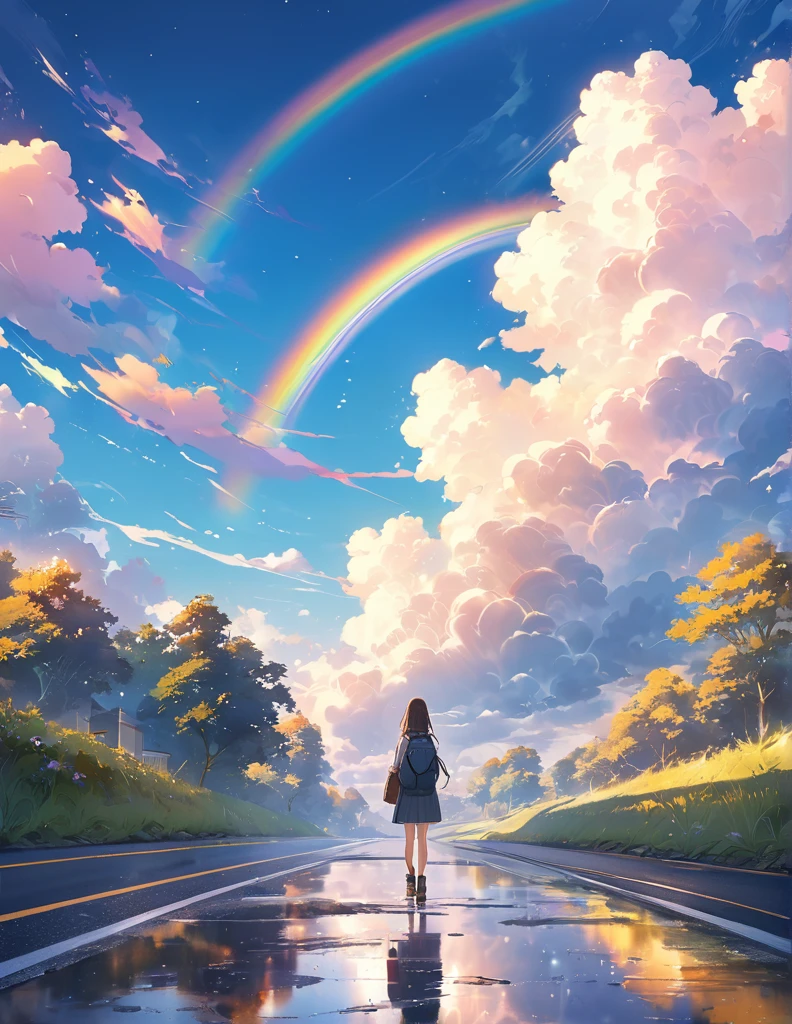 (Anime Style:1.4),A soft touch to painting,Rainbow Clouds,超High resolution, Attention to detail, high quality, High resolution, 最high quality, 4K, 8k,Road after the rain、evening、Puddle and girl's feet、Pastel color effect