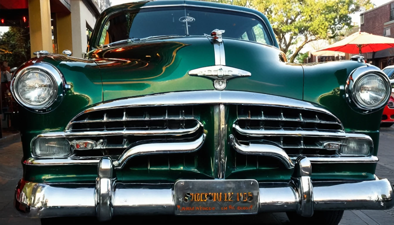 Picture a British racing green colored 1952 Dodge Kingsway Custom parked outside of a Restaurant, its chrome grille catching the sunlight, embodying an era of post-war optimism and automotive innovation, distant shot