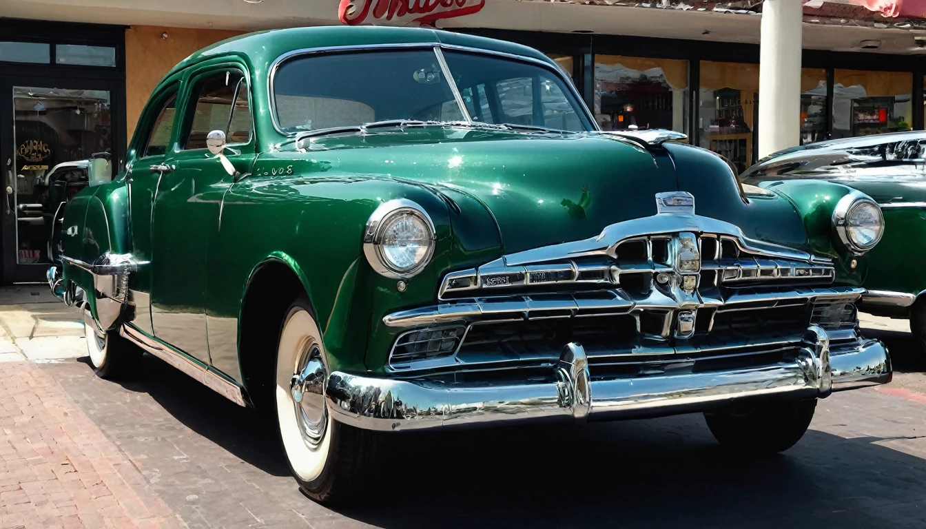 Picture a British racing green colored 1952 Dodge Kingsway Custom parked outside of a Restaurant, its chrome grille catching the sunlight, embodying an era of post-war optimism and automotive innovation, distant shot