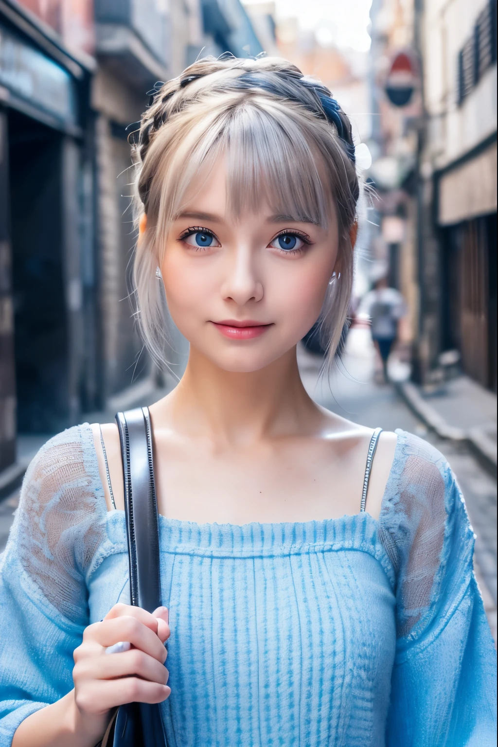 (4K), (Highest quality), (Best details), (Realistic)、Clear skies、A beautiful little match girl wanders the streets of a poor backstreet、Dirty outfit、Frugal makeup、Silver Hair、Blue Eyes、