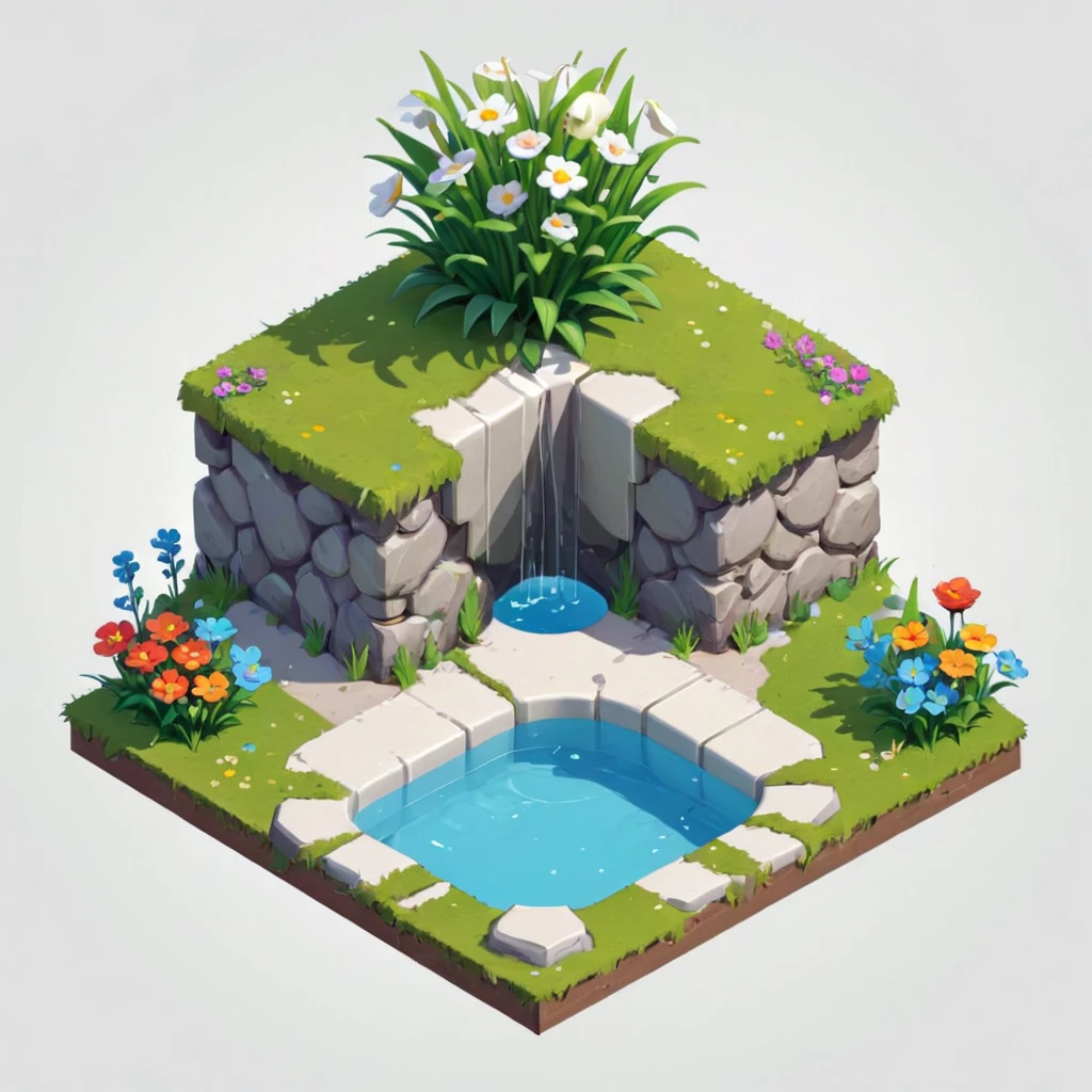 Isometric Model,A pool,Flowers，grassland，white background,Game architecture design,Cartoon,casual game style, Game assets,Isometric,2d,Game Art