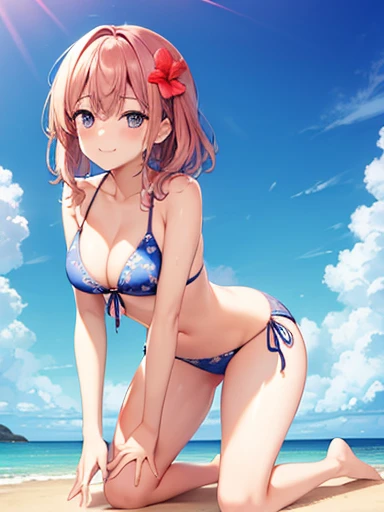 (Masterpiece:1.2, high quality), (pixiv:1.4), (1girl:1.2), (solo:1.2), (smooth:1.2), (Nakano nino), (mature), (confident), slightly blushing, glossy lips, crystal blue eyes, black eyeshadow, pale white skin, pink hair, bangs, bangs over eyes, collarbone, string bikini, thong, hair ribbon, sexy attire, (perfectly round ass:1.2), (pov thighs), beach outfit, dynamic pose, professional photography, view from below, back view, looking back, slim waist, ultra detailed, soft lighting, high contrast, (blurry_background:1.2), highly focused face, (detailed face), intrinsic details, vivid colors, HD, 4k, aesthetic outdoors, beach, (sea view), sunny day, beach volleyball, (sand), pebbles