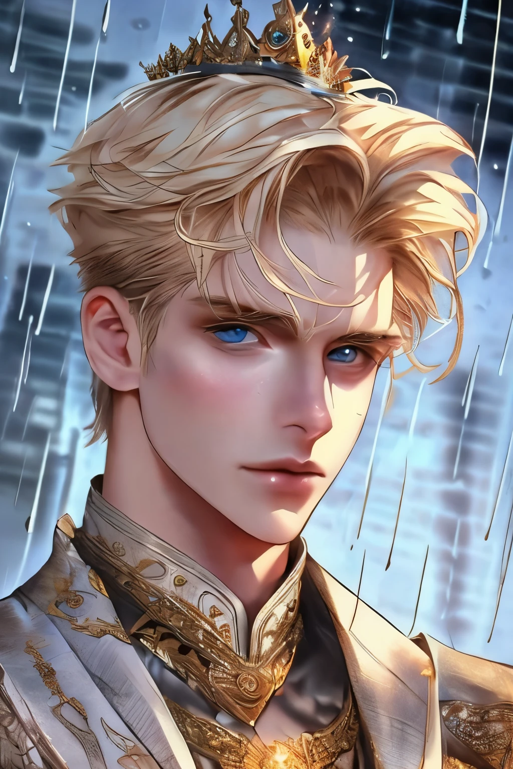 a close up picture man's face looking towards the sky, as he looks up the (rain drops: 1.3) fall on his face, a very handsome man, short hair, blonde hair, wet hair, hair glowing, crown in head, sharp blue eyes, looking at the viwer, light skin, perfect face, perfect eyes, he wears an elegant dress, there is a sense of sad on his face, ornate suit, perfect ornament, perfect art, a royal street at night. cloudy night, breathtaking photo