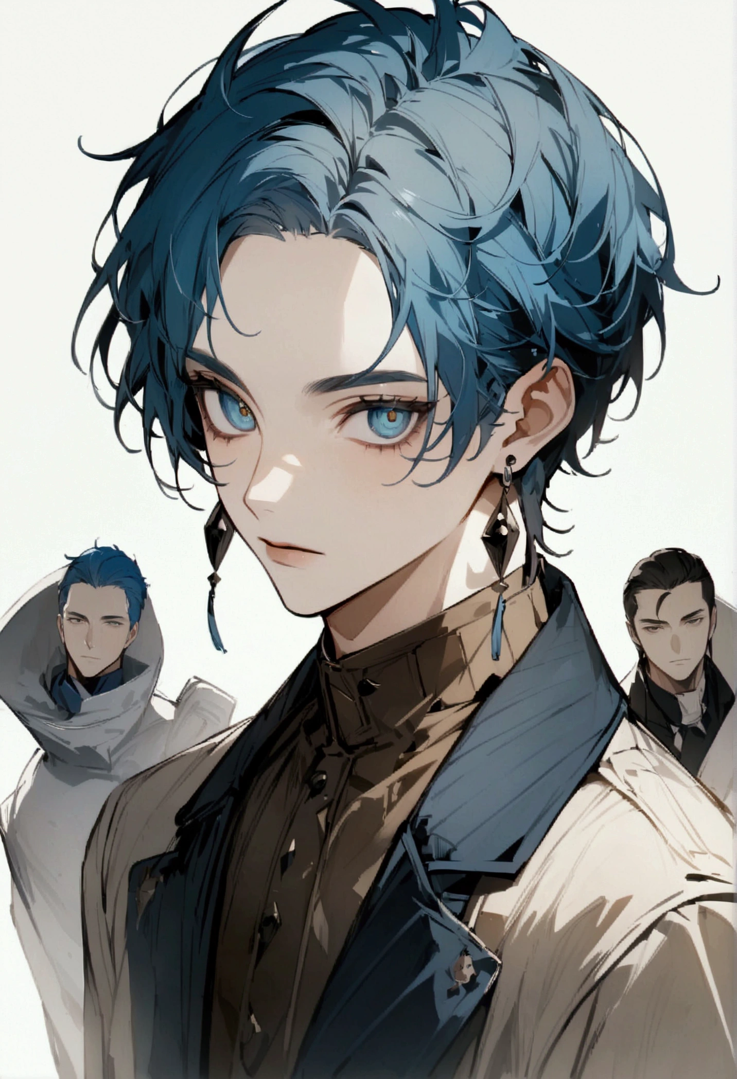 whole body、whole body、whole body、whole body、Black shoes、Blue socks、Black shoes、Blue socks、Character portrait、male、masterpiece、Handsome、uncle、The forehead is visible、Blue Hair、Long earrings、Worn suit、Jacket、Give bangs、Showing his forehead、Handsome、Intricately drawn eyes、good looking、Plain white background、Starry Ski、White background、whole body、Character portrait、Character portrait