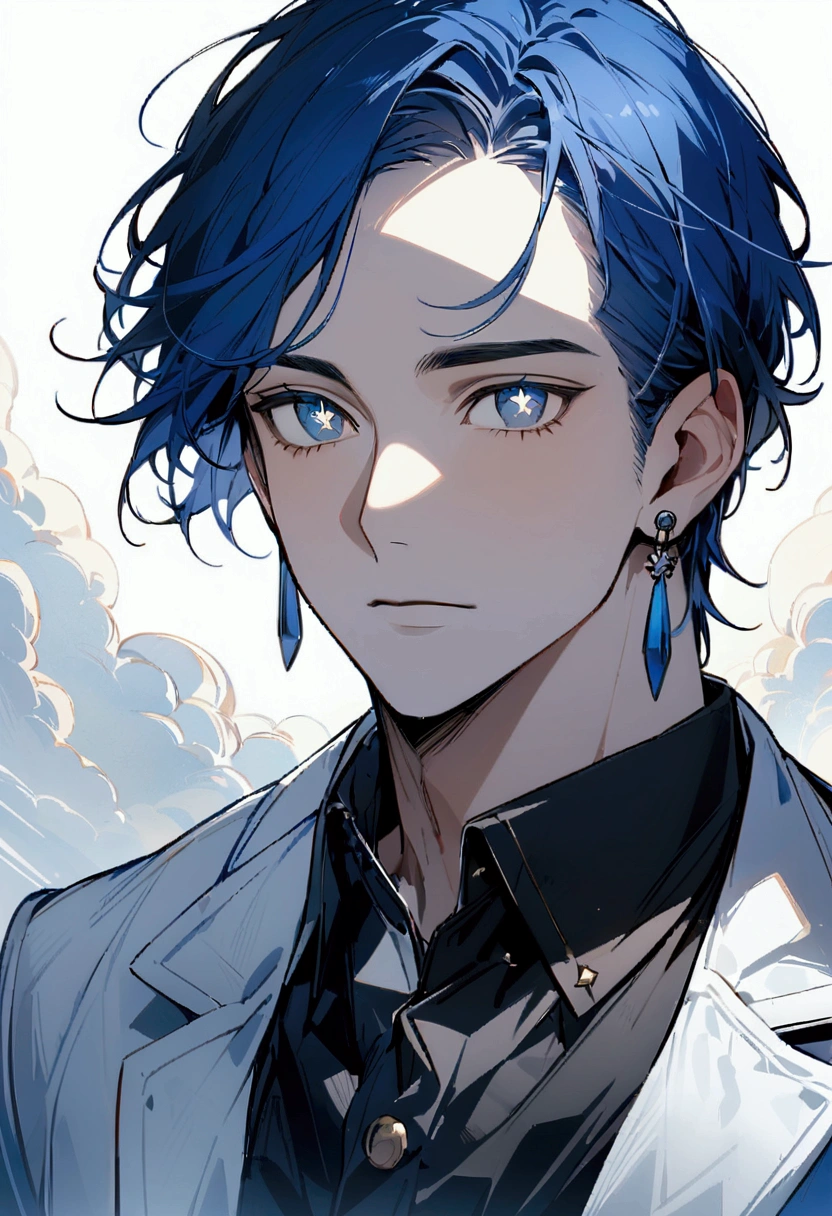 whole body、whole body、whole body、whole body、Black shoes、Blue socks、Black shoes、Blue socks、Character portrait、male、masterpiece、Handsome、uncle、The forehead is visible、Blue Hair、Long earrings、Worn suit、Jacket、Give bangs、Showing his forehead、Handsome、Intricately drawn eyes、good looking、Plain white background、Starry Ski、White background、whole body、Character portrait、Character portrait