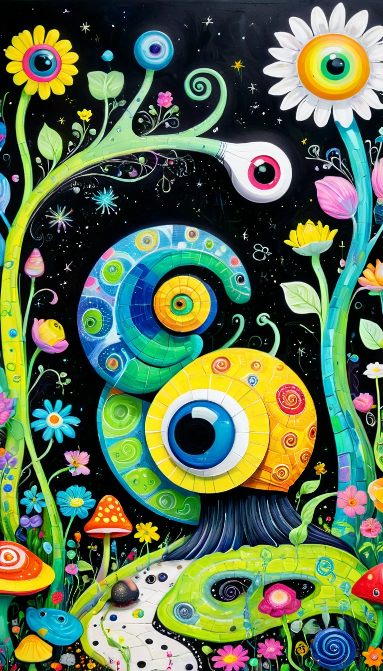 Children's graffiti,Thick coating,Concave and convex texture,Oil pastel strokes:Colorful black,Dopamine color matching,A big snail、house、flowesh、Tentacles、bird、(((Eye)))、diatom,Abstract mosaic painting,Describing the inner world of autistic people,Sense of space,White Space,interesting,Innocence,Psychedelic Art,