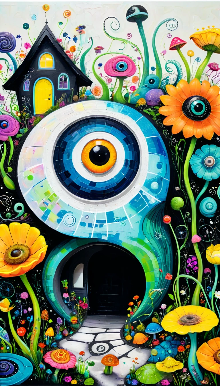 Children's graffiti,Thick coating,Concave and convex texture,Oil pastel strokes:Colorful black,Dopamine color matching,A big snail、house、flowesh、Tentacles、bird、(((Eye)))、diatom,Abstract mosaic painting,Describing the inner world of autistic people,Sense of space,White Space,interesting,Innocence,Psychedelic Art,
